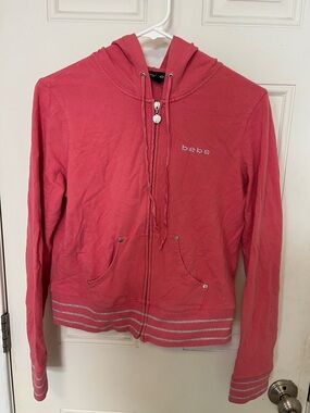 bebe Coral Pink Rhinestone Logo Zip Hoodie